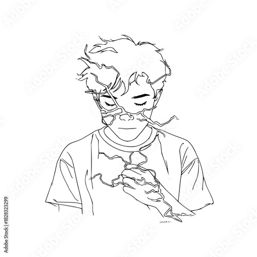 Minimalist line art of a person with messy hair, closed eyes, holding shattered pieces, isolated on