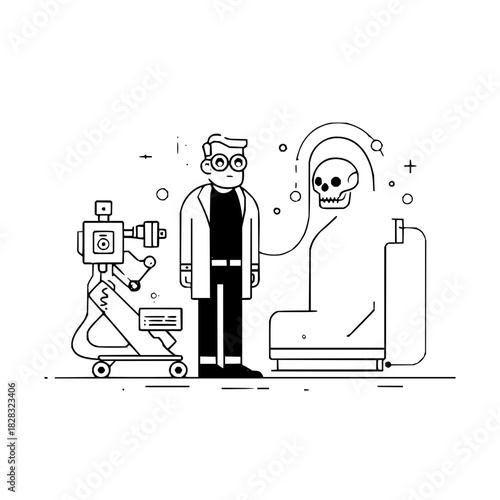 Medical professional performing an xray scan on a patient, with a skull visible, isolated on