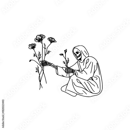 Grim reaper figure in a hooded robe kneeling and tending to a cluster of blooming flowers, isolated on