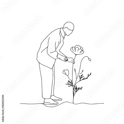 Continuous line drawing of a person tending to a flower, symbolizing care, growth, and nature, isolated on