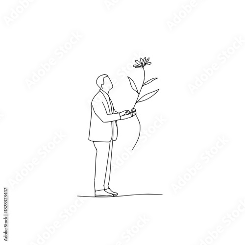 Minimalist line drawing of a man in a suit holding a flower, contemplating nature, isolated on