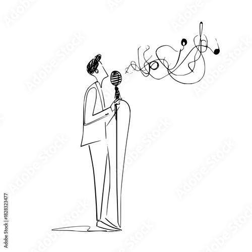 Line art illustration of a male singer performing into a vintage microphone with musical notes flowing, isolated on