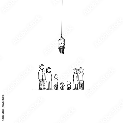 A minimalist illustration of a person in a cage hanging above a group of onlookers, isolated on