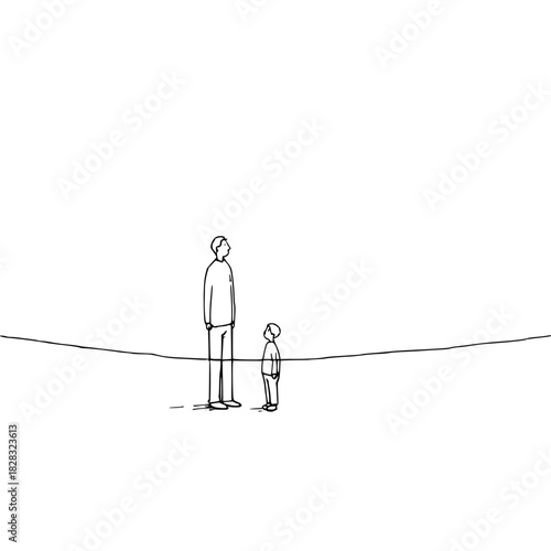Minimalist line drawing of an adult and a child standing on a horizontal line, isolated on