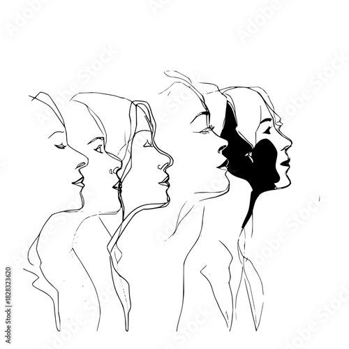 Abstract line art illustration of multiple female faces in profile, overlapping, with one face partially silhouetted in black, isolated on