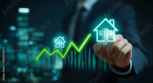 Businessman Touching Digital House Icon with Rising Green Graph and Bar Chart Overlay on Cityscape Background