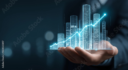 Businessman Holding Miniature Cityscape with Bright Blue Rising Trend Line and Data Visualization