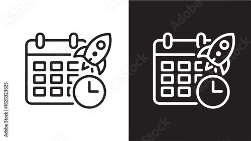 Calendar with rocket launch icon deadline symbol for project start vector illustration in outline style isolated on white and black background