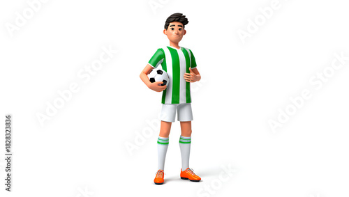 A young male soccer player dressed in a green and white striped jersey holding a soccer ball with a slight smile, Generative AI