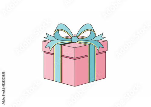 Pink gift box with turquoise ribbon isolated on white background