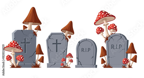 Set of cartoon tombstones and gravestones with spooky red and brown mushrooms growing around them, perfect for Halloween designs.