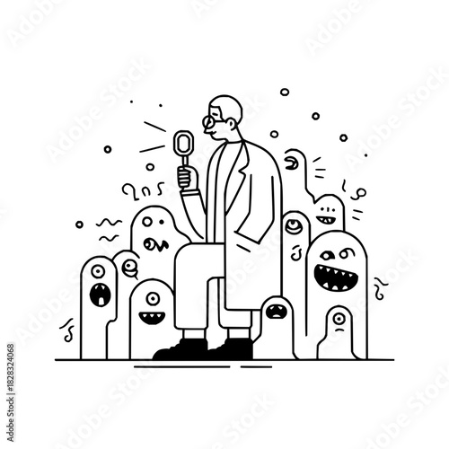 A scientist in a lab coat investigates a group of playful cartoon monsters using a magnifying glass, isolated on