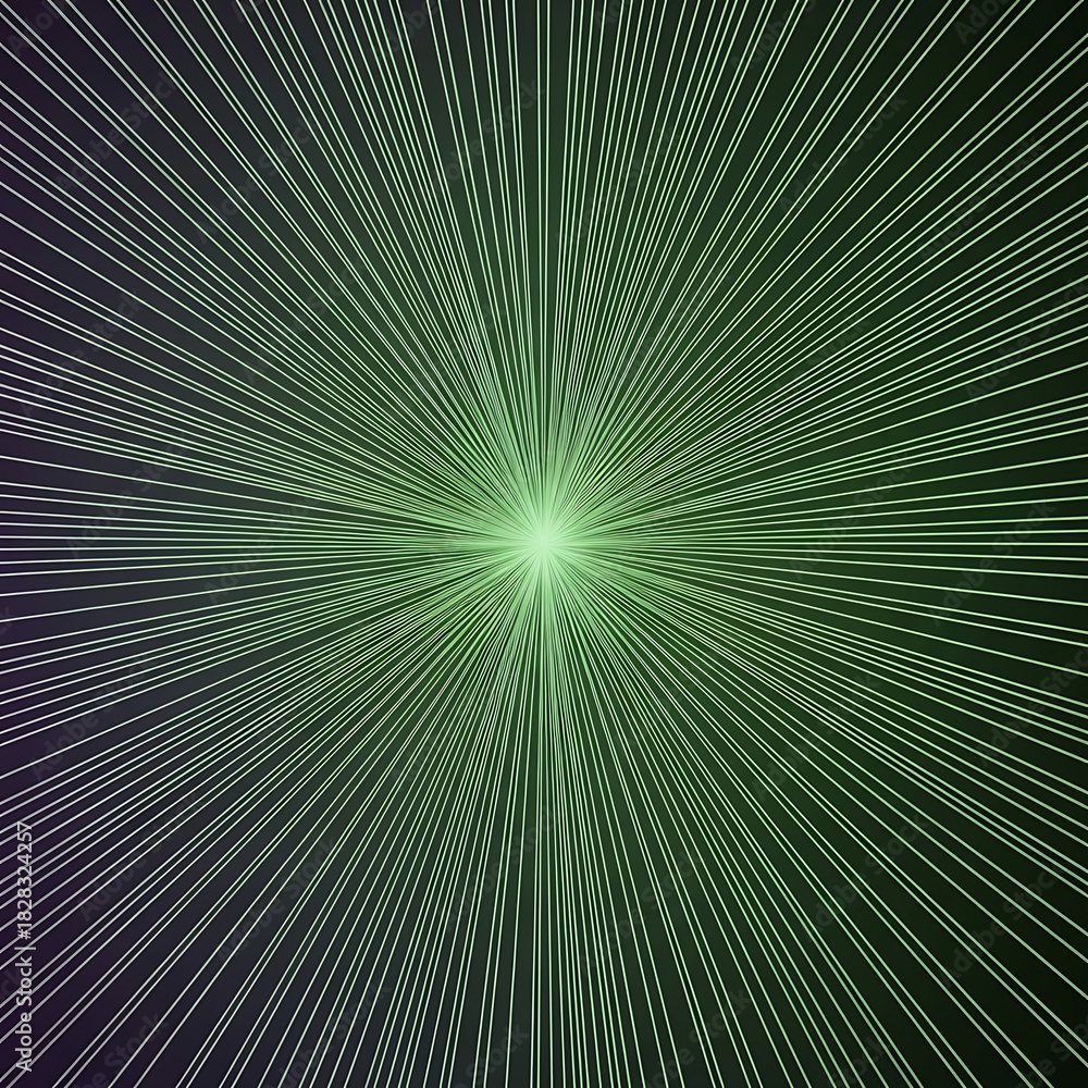 Fototapeta premium Abstract explosion of glowing green light rays from a central point.