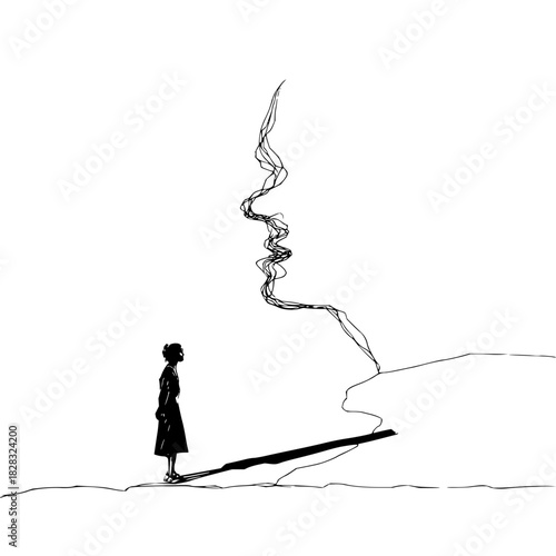 A minimalist black and white illustration of a person gazing at an abstract face profile made of wavy lines, isolated on