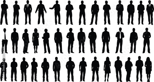 Business silhouettes, standing poses, casual attire, professional people, diverse postures, corporate style, human figures, black silhouettes, team concept, office workers