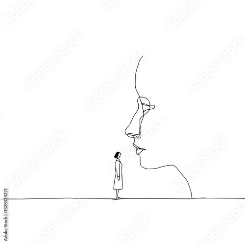 Minimalist line art drawing of a small person standing in front of a large abstract face, isolated on
