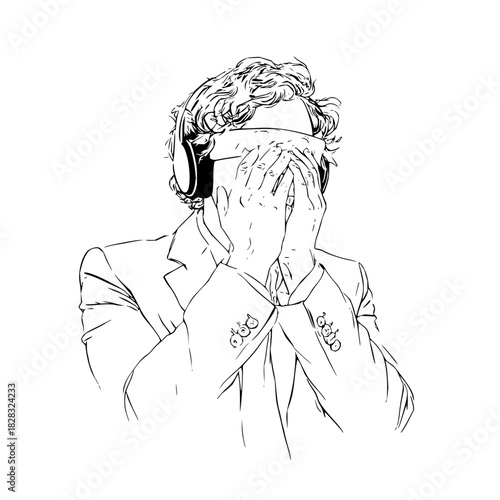 Man with curly hair wearing headphones and suit, covering face with hands in despair, isolated on