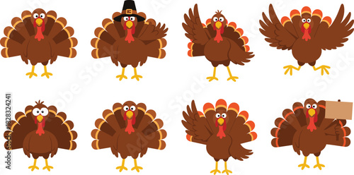 Cartoon turkeys, Thanksgiving characters, festive birds, holiday icons, cute poses, pilgrim hat, blank sign, colorful feathers, seasonal illustration, celebration theme