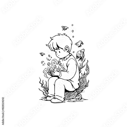 A young boy sits peacefully on the ocean floor, gently cradling a small sea creature amidst aquatic plants, isolated on