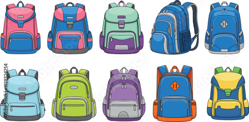 Colorful backpack collection, school bags, travel gear, kids accessories, trendy designs, padded straps, zipper pockets, outdoor style, fashion essentials, vibrant colors