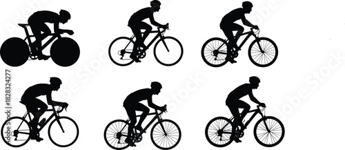 Cycling silhouettes, bicycle riders, various postures, road bikes, time trial setup, sports activity, black silhouettes, vector illustration, fitness concept, transportation