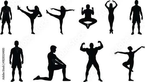 Sport and dance silhouettes, vector collection of male and female athletes in action poses like bodybuilding, gymnastics, and standing