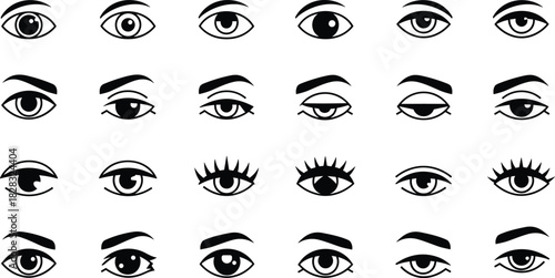 Stylized eye illustrations, expressive cartoon eyes, character design elements, emotional expressions, unique pupil styles, artistic eyelids, eyebrow variations, visual art reference