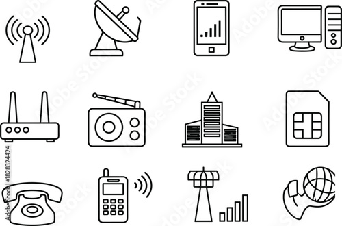 Telecommunication icons set, technology line symbols, phone, internet, network, satellite, antenna, wireless connection vector collection, black and white