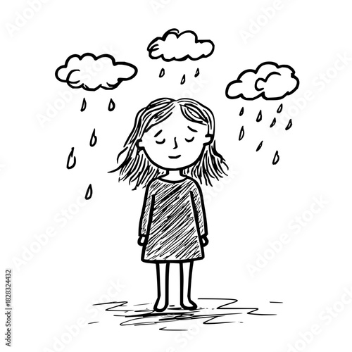 Sad girl standing in the rain under clouds, a simple black and white doodle illustration of sorrow, isolated on