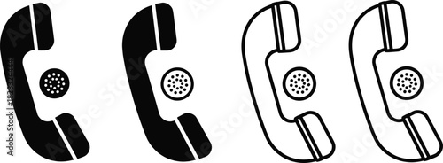 Telephone handset icons, communication symbol, call graphic, retro phone, black white outline, vector design, user interface, contact illustration