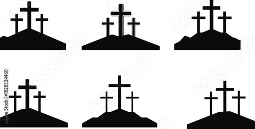 Three crosses silhouette, crucifixion hilltop scene, Christian symbolism, religious illustration, black vector art, Easter graphic, faith concept, spiritual design