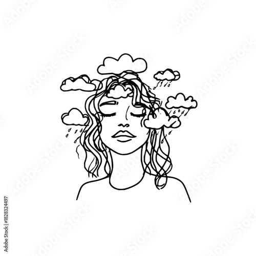 Woman with closed eyes, raining clouds around head, symbolizing mental health, isolated on
