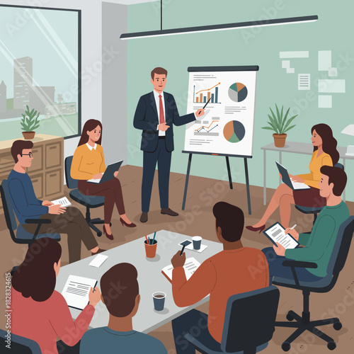 Business presentation with a man explaining charts to colleagues in a meeting.
