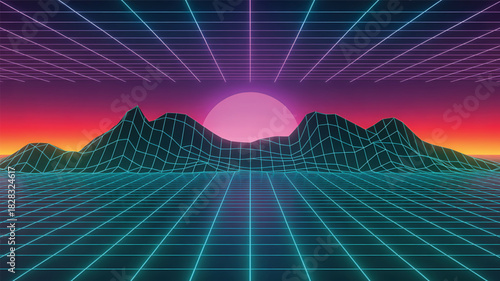 Retro futuristic neon grid landscape with mountain silhouette and pink sun