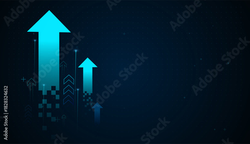 The digital arrow points upward, illustrating positive financial trends and the power of fintech innovation. The high-tech background emphasizes market acceleration