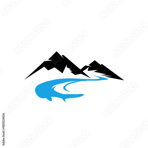 A striking and minimal logo featuring bold, black mountain peaks contrasting with a flowing blue river below. Ideal for outdoor, adventure, nature, and travel branding. Fresh and dynamic.