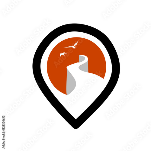 Location pin logo with a winding road and sunset inside. Represents travel, destination, navigation, mapping, journey, exploration, delivery, and a sense of adventure.