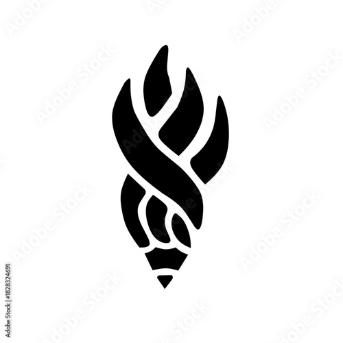 Stylized black and white logo merging a pencil with a dynamic flame or torch. Represents creative passion, education, writing, knowledge, inspiration, and enlightenment.