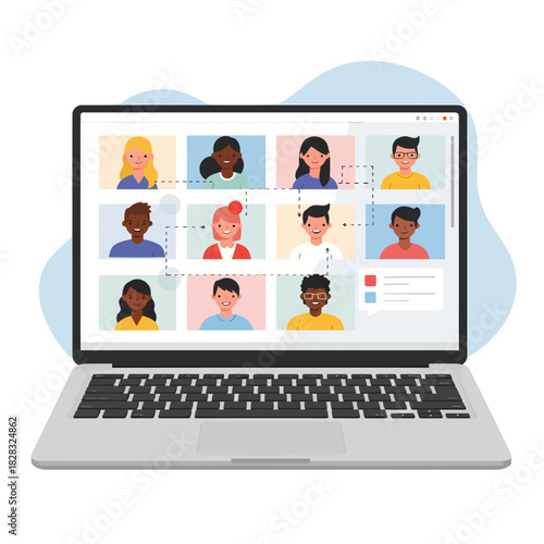 Laptop screen showing a virtual video conference call with diverse participants.