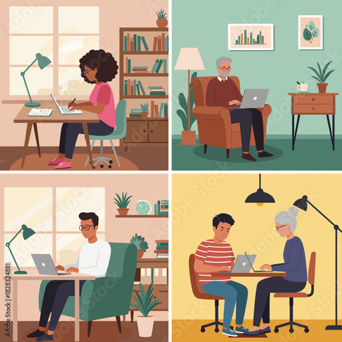People working remotely from home using laptops in various settings.