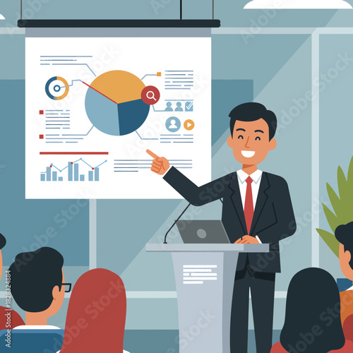Presenter delivering a business presentation with charts and graphs to an audience.