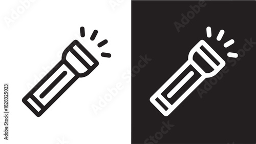 Flashlight icon in black and white simple line vector illustration for camping security or emergency situations
