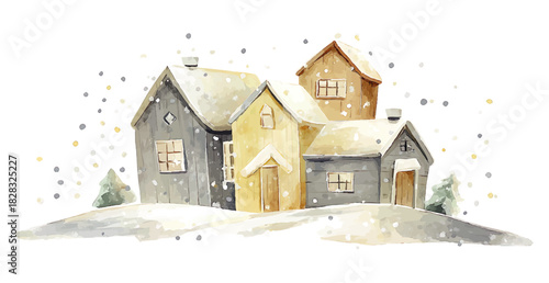 winter village watercolor illustration with snow falling, vector template for winter and christmas greeting cards or real estate advertising, cozy cream and grey colours isolated on white background