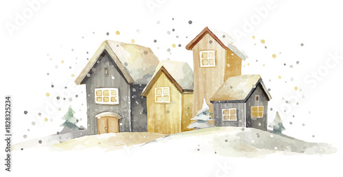 winter village watercolor illustration with snow falling, vector template for winter and christmas greeting cards or real estate advertising, cozy cream and grey colours isolated on white background