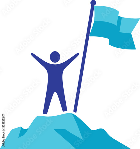 Achievement icon of person on mountain peak celebrating success with flag, symbolizing goals reached, leadership, victory, and triumph.