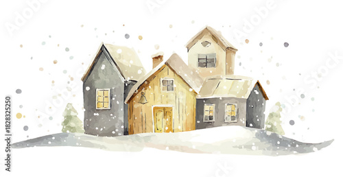 winter village watercolor illustration with snow falling, vector template for winter and christmas greeting cards or real estate advertising, cozy cream and grey colours isolated on white background