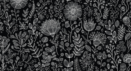 Intricate seamless floral pattern with hand-drawn white flowers and leaves on a black background, perfect for textiles or wallpaper.