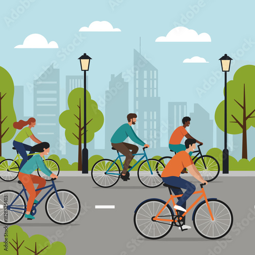 Cyclists enjoying a sunny day riding bicycles in the city park.