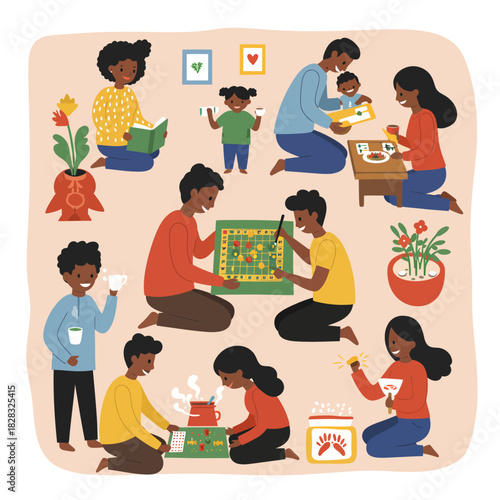 Diverse family enjoying quality time together indoors playing games and reading books.