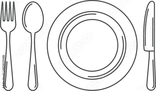 Minimalist line art icon of a classic dinner table place setting with a fork, spoon, plate, and knife on a clean white background.